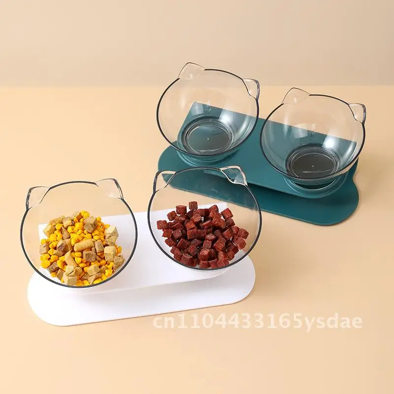 Cuenco ajustable con protección para el cuello para gatos, cuenco doble inclinable, cuenco transparente con cara de gato, cuenco para Gato