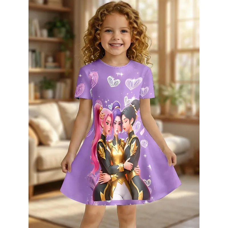 Girl Anime Girl Group Printed T-shirt Dress, Children's Party Purple Heart Casual Dress Suitable for Birthday Gifts