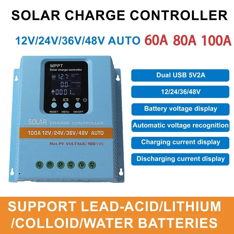 MPPT Solar Charge Controller 60A 80A 100A Auto 12V 24V 36V 48V LCD Display Solar Panel Battery Intelligent Solar Regulator