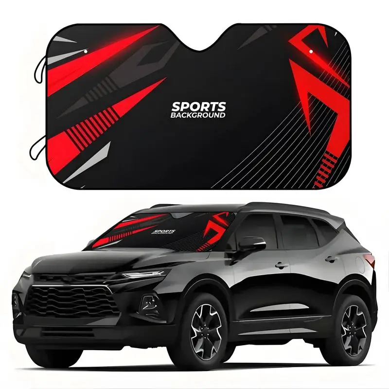Red And Black Sports Print Pattern Car Sunshade, Anti-Insulation, Foldable, Universal Front Windshield Sunshade