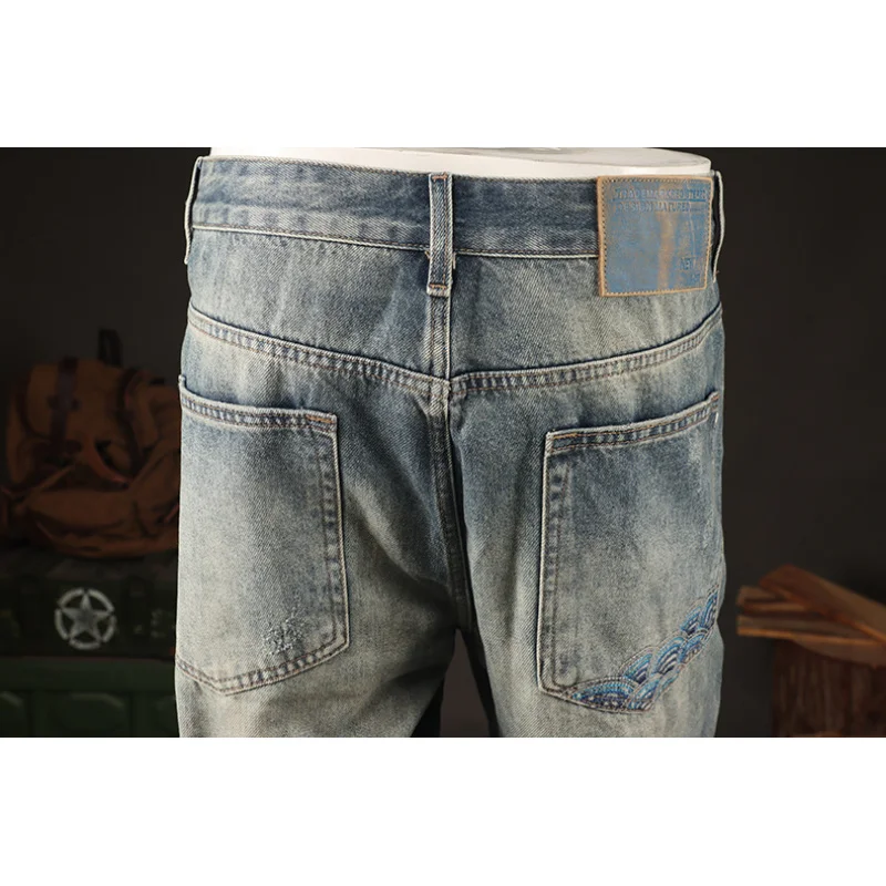 

Spring style trendy brand American retro loose straight leg jeans for men, fashionable embroidery nostalgic pants