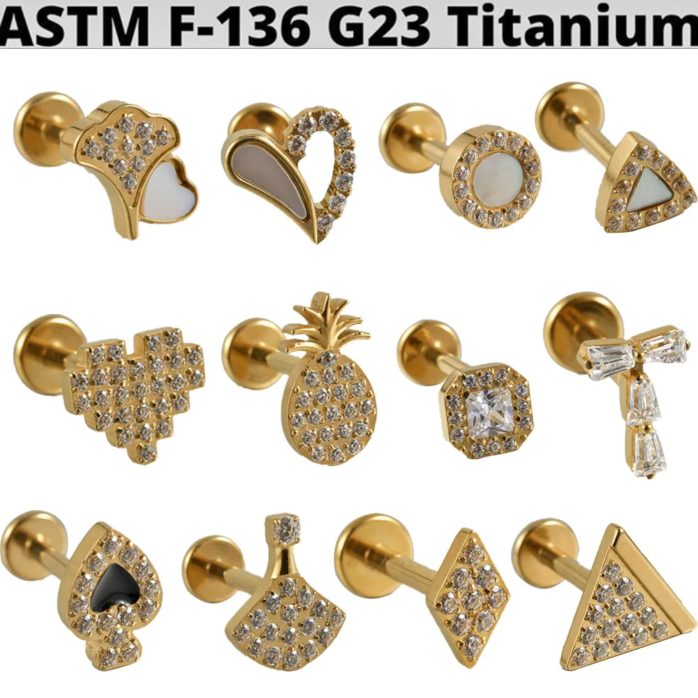 1PC Cz Heart G23 Pure Titanium Lip Studs 16G Internal Thread Triangule Ear Helix Tragus Cartilage Earrings Body Piercing Jewelry