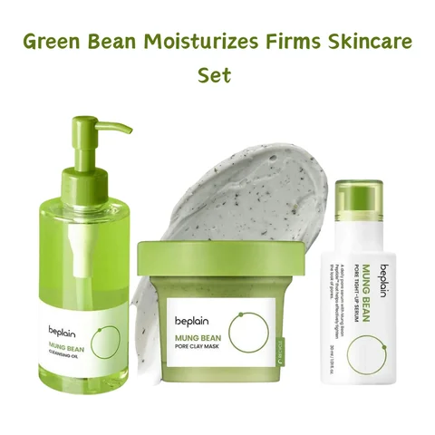 Korean Green Bean Beplain Set Foam,Face Pore Moisturizing Mung Bean Peptide Serum,Pore Clay Mask and Cleansing Oil Skincare Sets