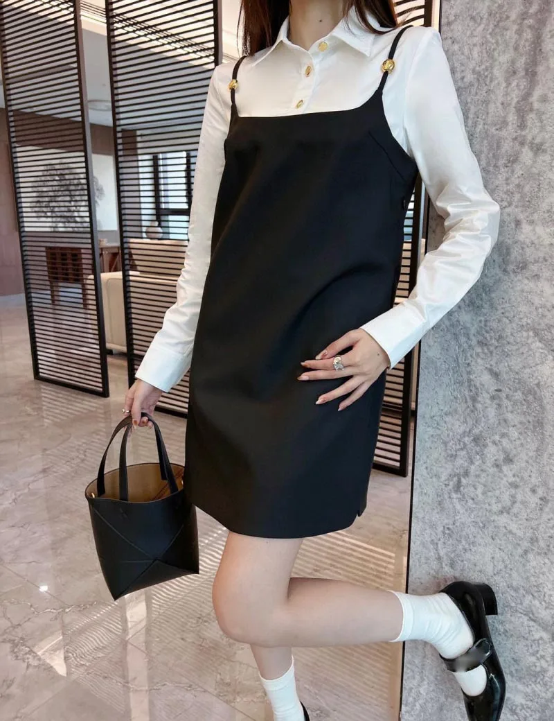 

2024 New Fashion Fake Two Piece Gold Buttons Tank Sweet Dress Women Lapel Long Sleeve Contrast Straight Preppy Style Dresses