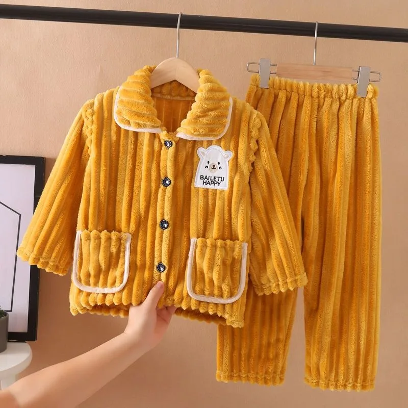 

Autumn Winter Kids Coral Fleece Flannel Pajamas Set Warm Flannel Long Sleeve Loungewear for Boys Babies Plus Size Thickened Wear