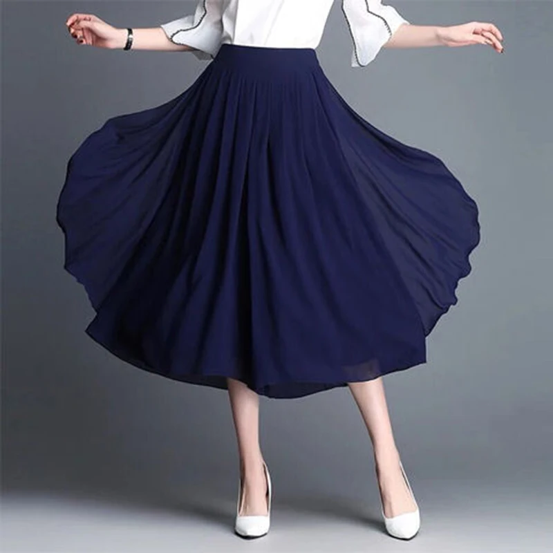 

New Elastic High Waist Slim Elegant Chiffon Capris female pants Skirts Women Summer Wide Leg Medium Long Leisure Loose Trousers