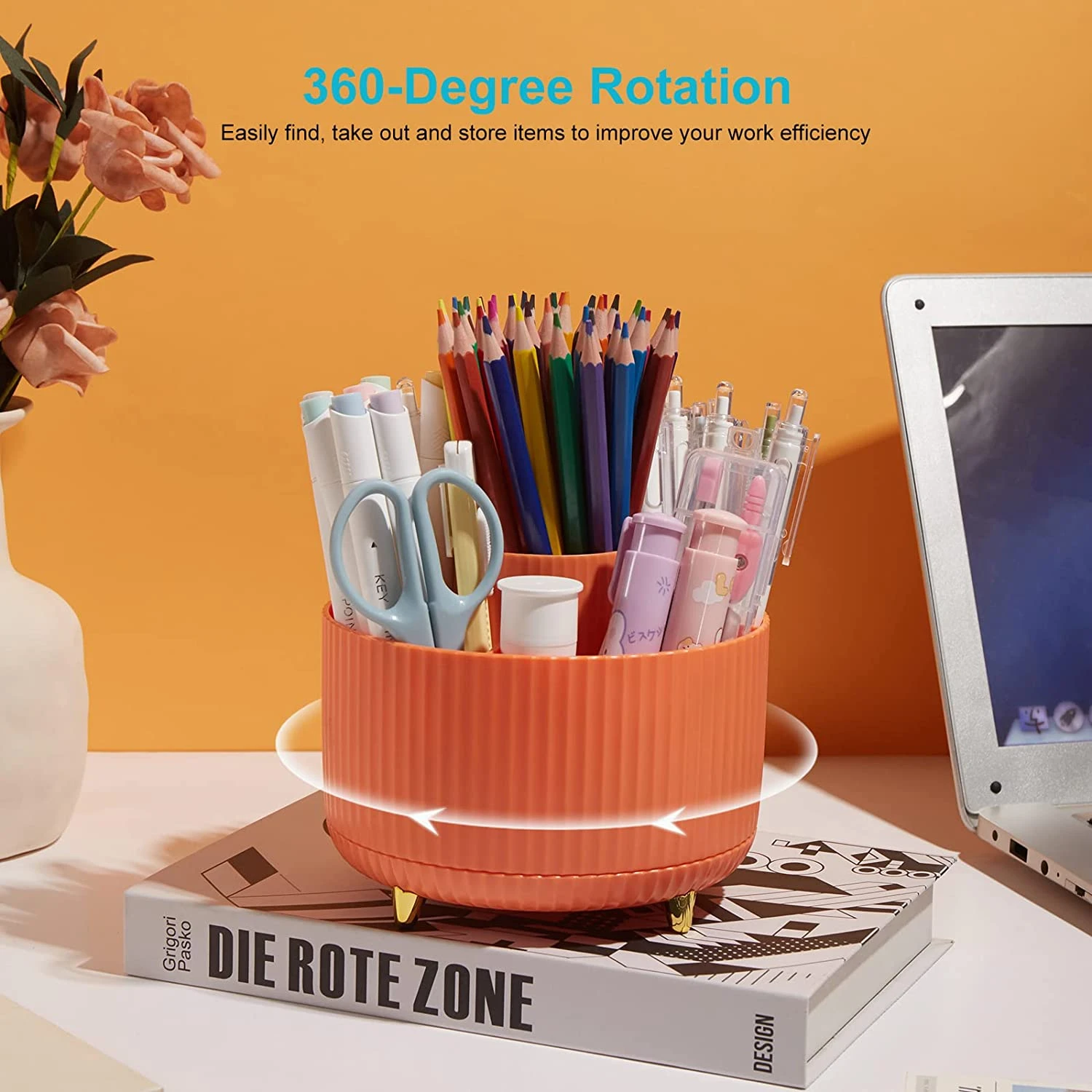 Degree Rotatable Pen Holder, 5 Slots Office Desk Organizer, Pen Holder For Desk Multi-Functional Pencil Cup Desktop Stationary O