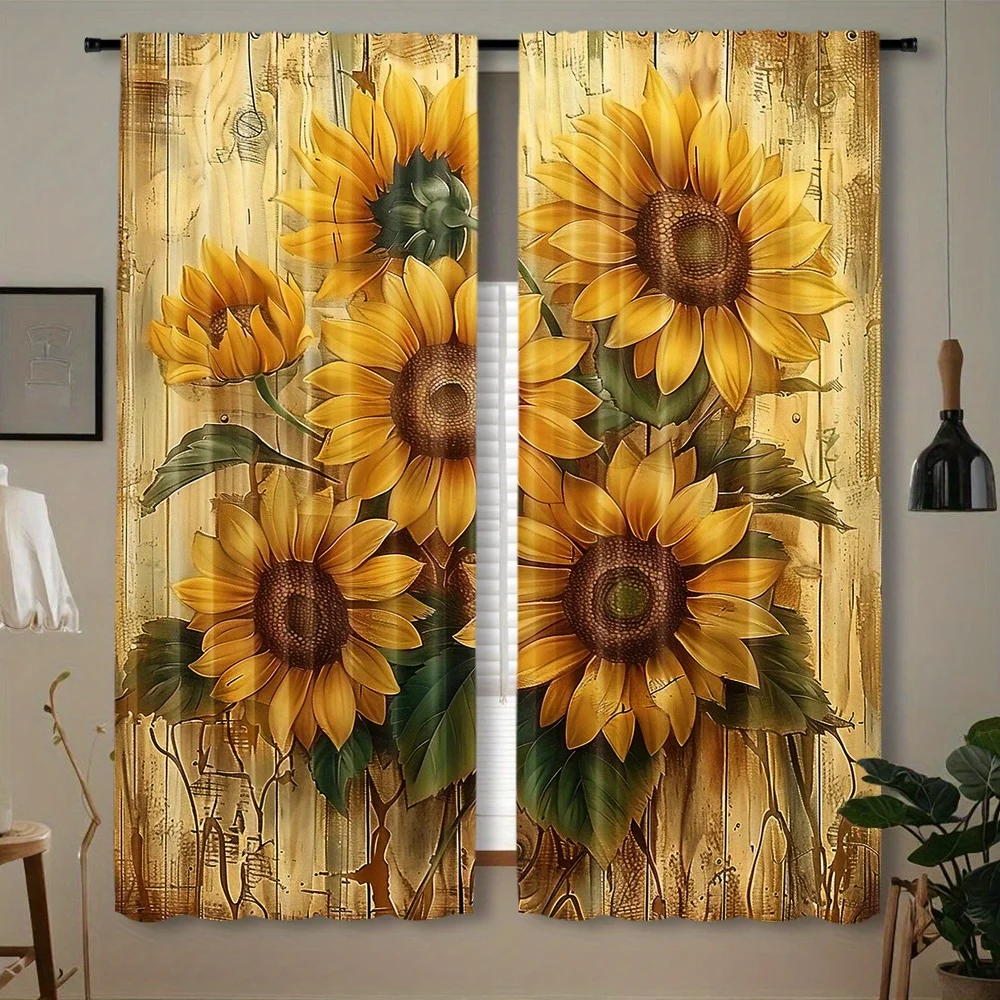 Retro Distressed Wood Sunflower Curtain 2 Panels Bright Yellow Flower Natural Grain Textured Inn Room Curtain Cozy Farm Bedroom