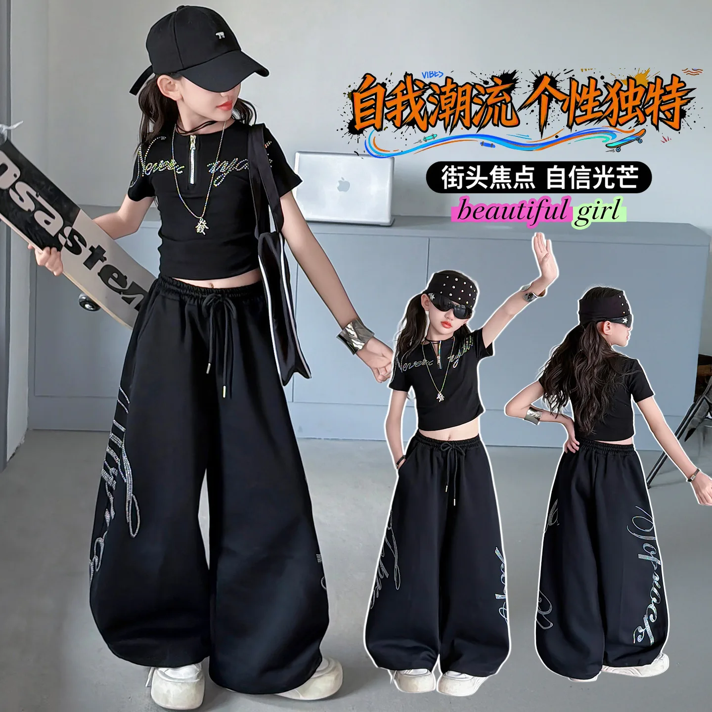 Kids Streetwear Dance Jazz Clothing Sets Teenage Girls Summer Tshirt+Pants 2PCS Children's Fashion New Black Cool Outfits 4-14Y