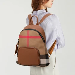Canvas preppy styleBackpack for Women, Trendy 2025 New Plaid Women's Bag, High-End Plaid Bag, Fashionable Cowhide Backpack