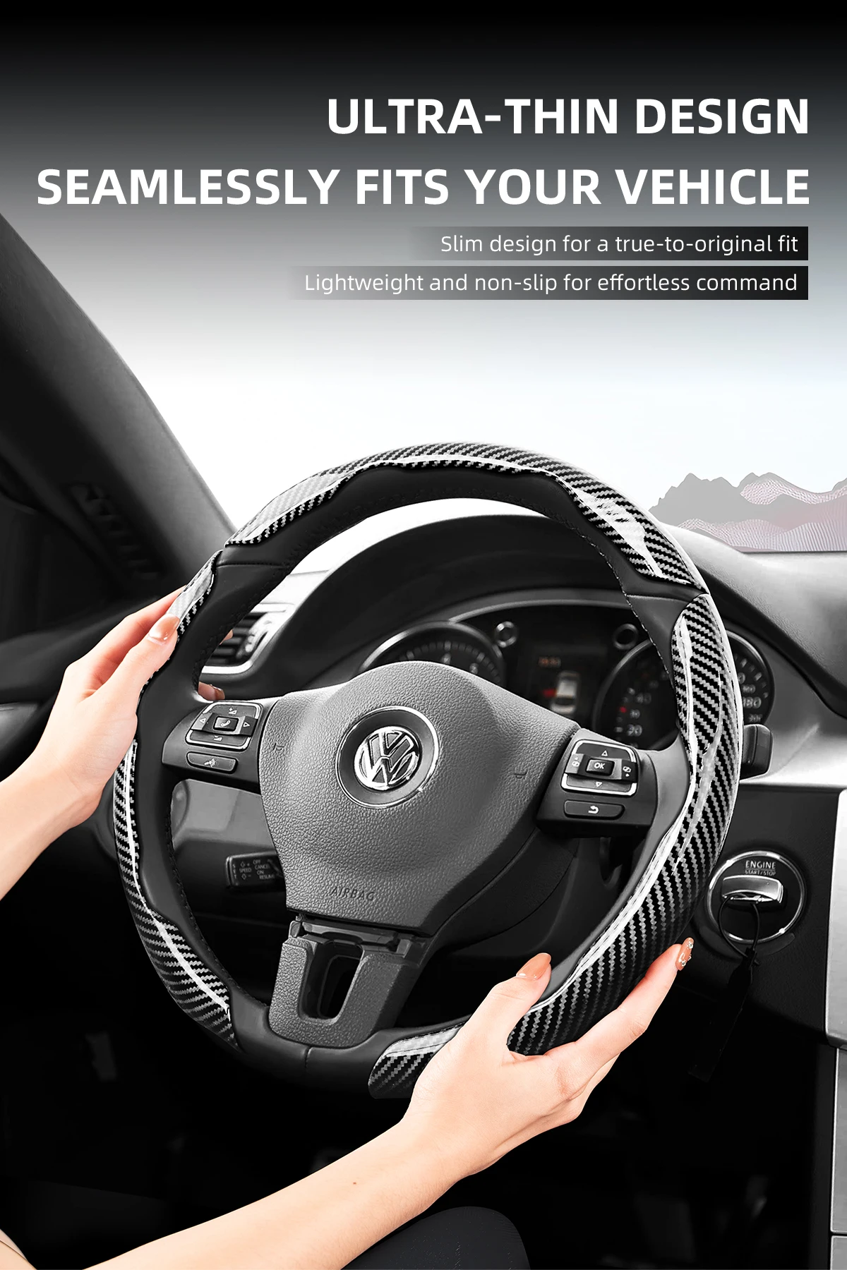 Passend für Volkswagen Sportlenkrad-Abdeckung mit Carbonfaser-Textur, Snap-On-Typ, für Tiguan, Golf, T-Roc, Polo, Passat, Jetta, ID.3, ID.4, Atlas, Teramont, Taos, T-Cross, Taigo, Touran, Auto-Innenausstattung, Schutzgehäuse – Detail 4