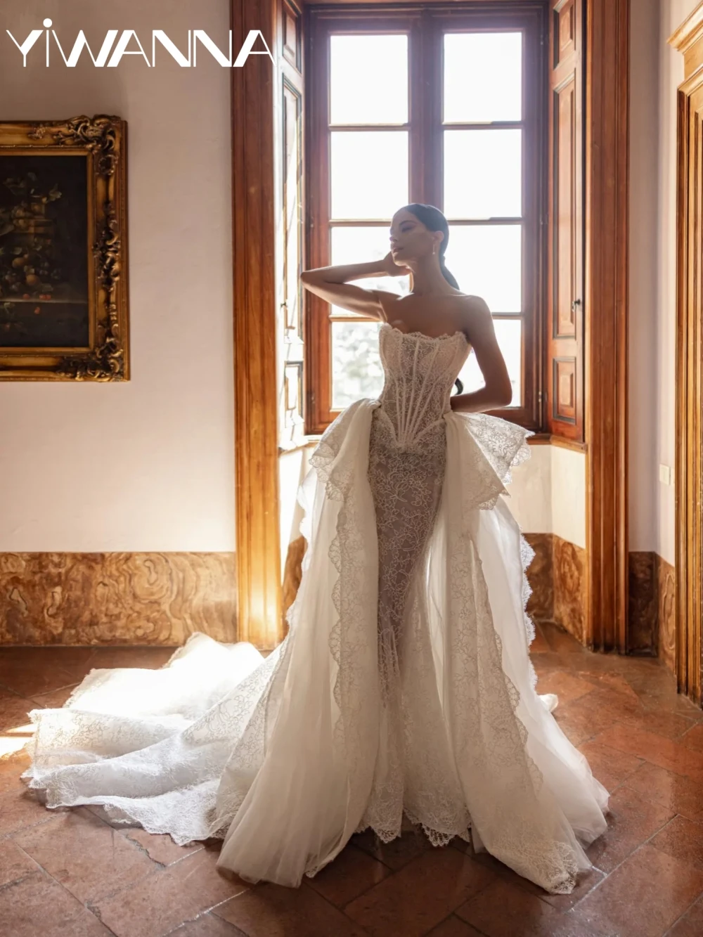 

Detachable Train Lace Mermaid Long Wedding Dress Charming Strapless Backless Bridal Gown Customized Dreamy Dresses For Bride