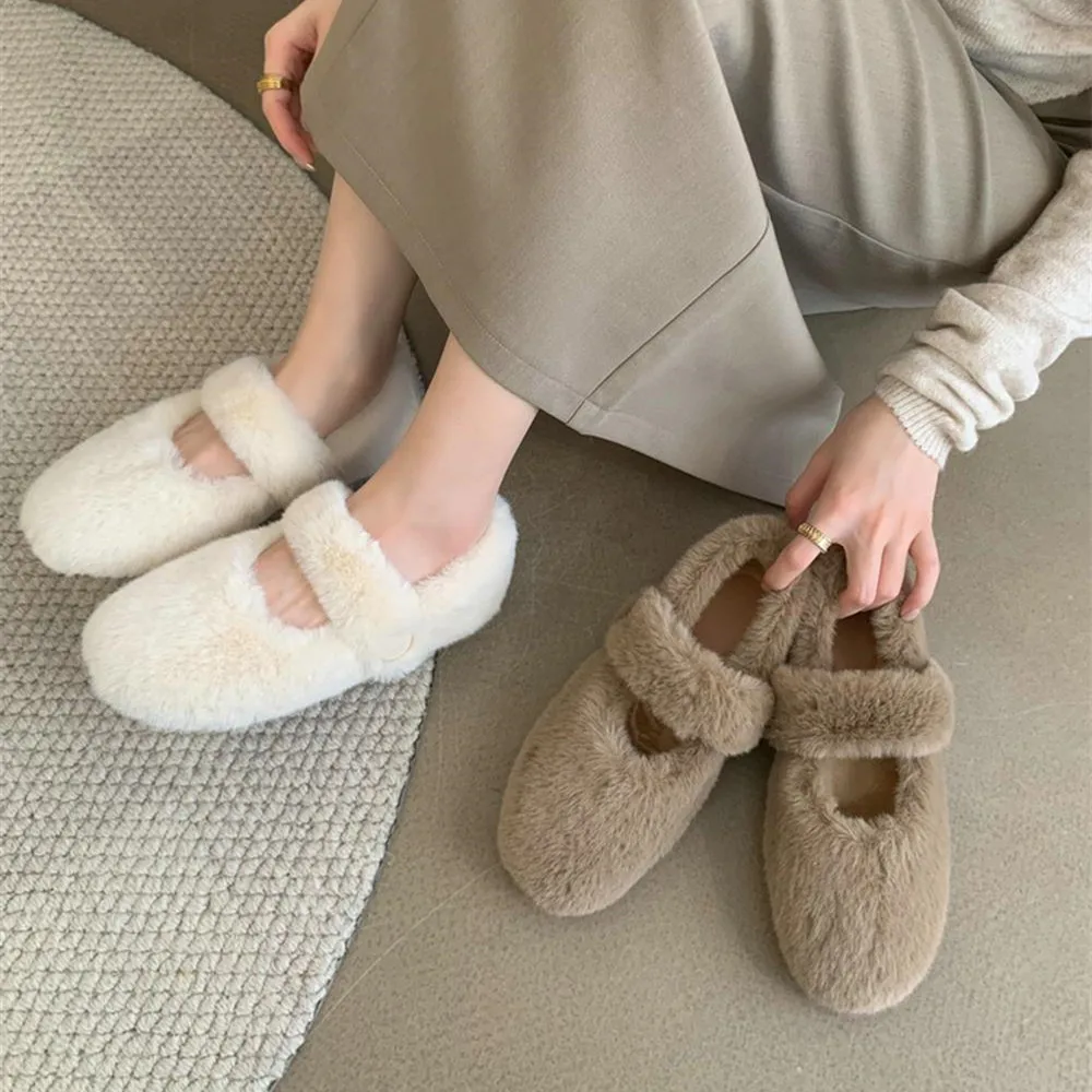 

Bailamos Brand Women Furry Mary Janes Shoes Women Warm Fur Flat Shoes Winter Cotton Lined Flats Slip On Ballet Shoes Ladies Wool