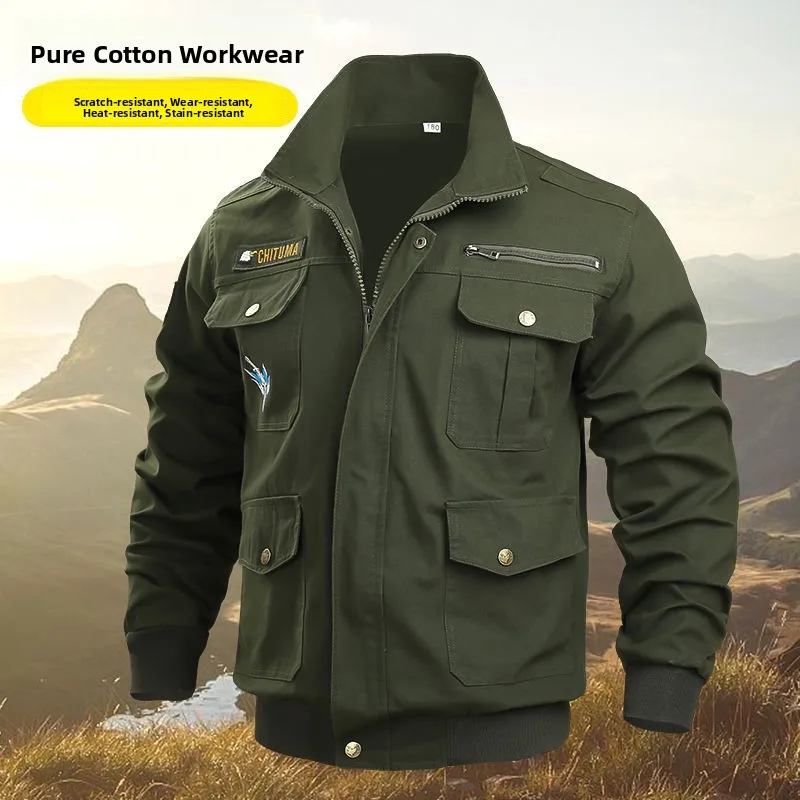 

Утолщенная рабочая куртка из чистого хлопка для мужчин, весенне-осенняя, износостойкая, термостойкая, для сварочных работ, верхняя одежда