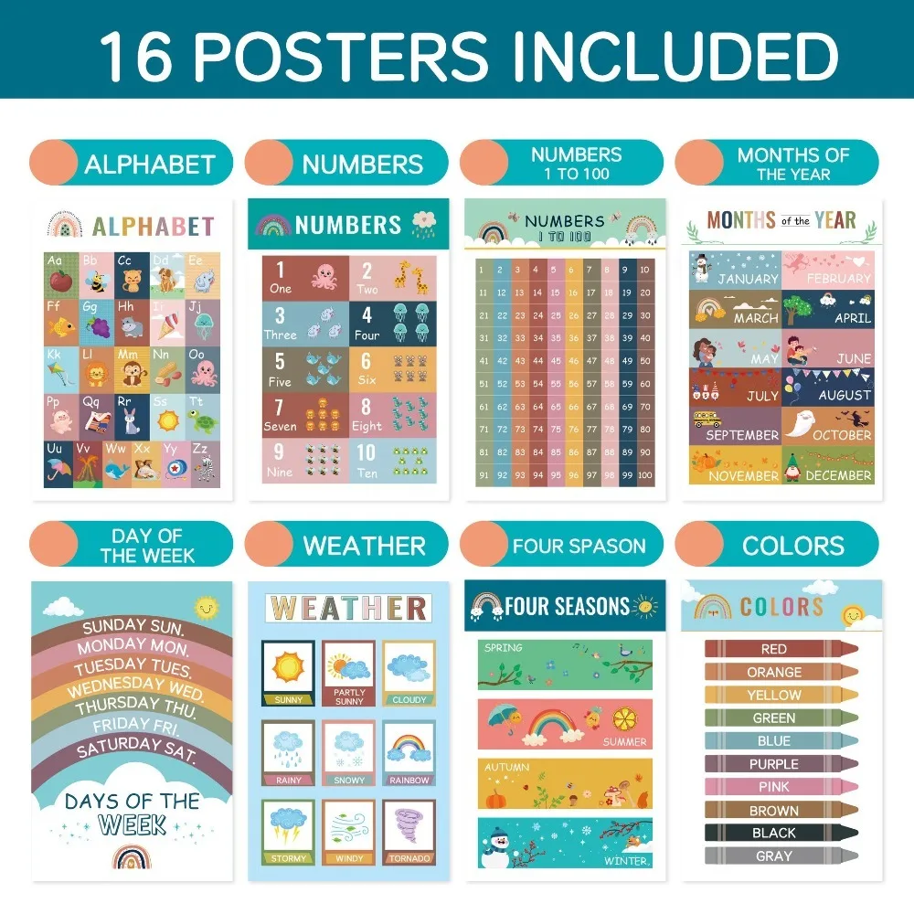 12/16 pezzi numeri 1-10 poster alfabeto poster grafico da parete colori interattivi poster alfabeto apprendimento grafico tascabile