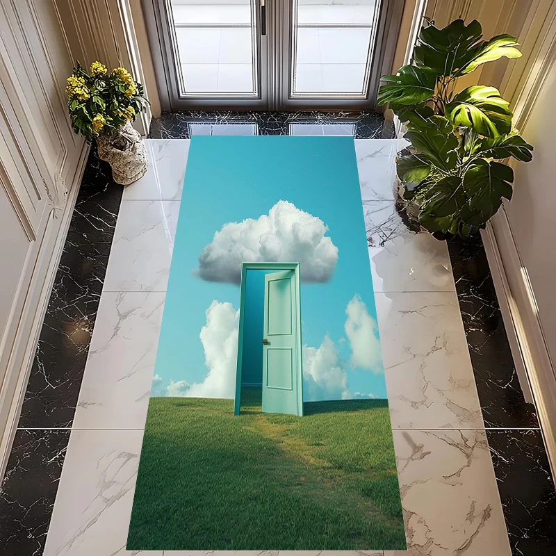 Alfombra Surreal Sky Door Runner, alfombra decorativa para el hogar, diseño de campo verde con nubes, alfombra suave antideslizante para dormitorio y entrada