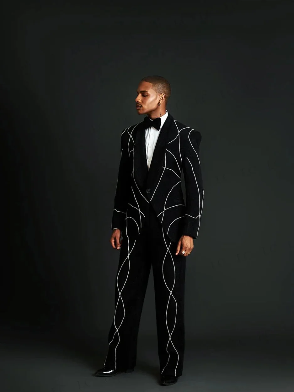 Romantic Men Suits 2 Pieces Blazer Pants Lines One Button Prom Formal Tuxedos Wedding Party Groom Best Man Plus Size Tailored