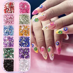 12Grids Colorful Mixed Glitter Nail Rhinestones Sparkly 2mm Mini Acrylic Flatback Diamonds Pink/Clear/Green Gems Manicure Parts