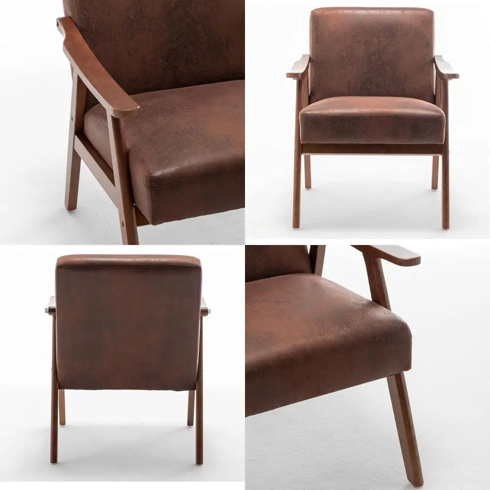 

Кресло в стиле Mid-Century Modern с обивкой из микрофибры и элементами из массива дерева, светло-коричневое, для гостиной или дополнительной зоны отдыха