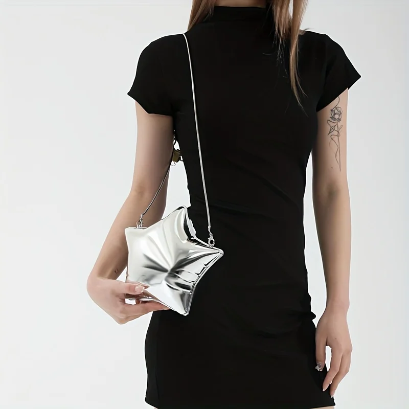 Metallic star-shaped handbag, fashion lipstick crossbody bag with chain shoulder strap, unique pentagram clutch purse for women