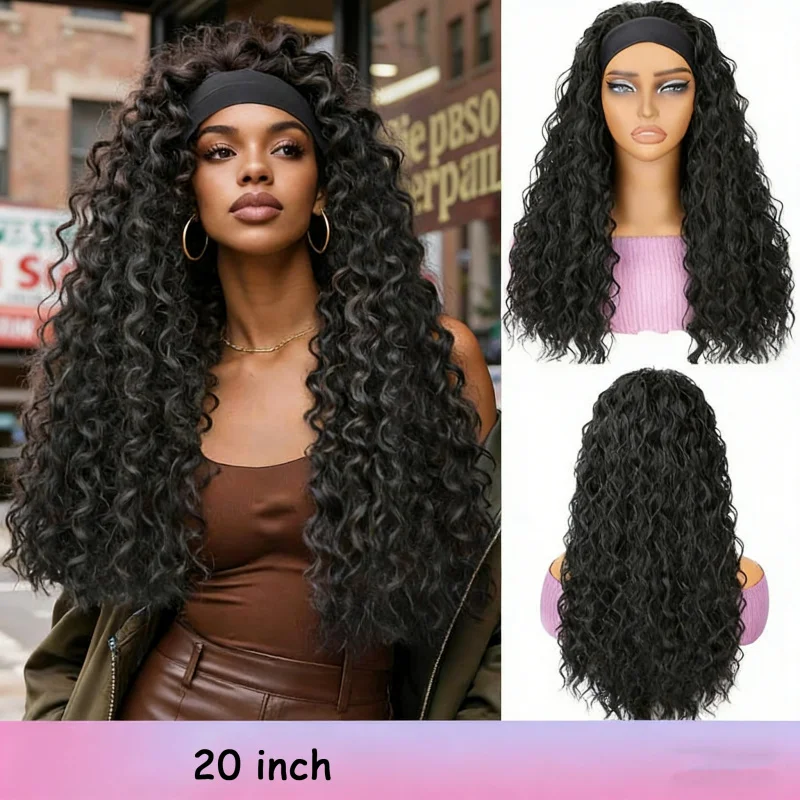 

20 Inch Deep Wave Synthetic Headband Wig for Black Women Glueless Afro Water Wave Wigs Natural Black Heat Resistant Long Wavy