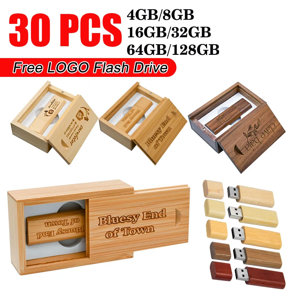 30pcs/lot Wooden + Box Usb 2.0 Flash Drive 4GB 8GB 16GB Pen Drive 32GB 64GB 128GB Wedding Gift Memory Stick Free Custom Logo