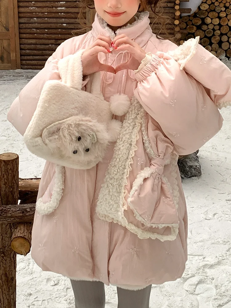 

Sweet Sle Lamb Fur Collar Cotton Jaet Women's Winter New Loose Warm Thiened Doll Collar Coat Regular Sve Long Sve