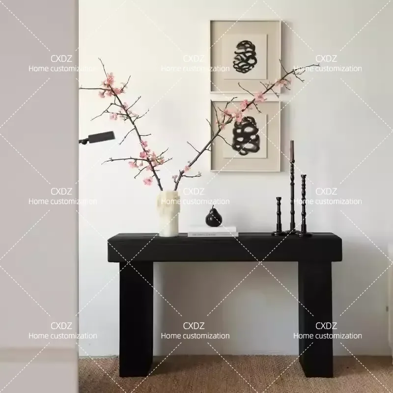 Carbonized black solid wood entrance table, wabi-sabi wind B & B hotel corridor display table, entrance entrance table, wall