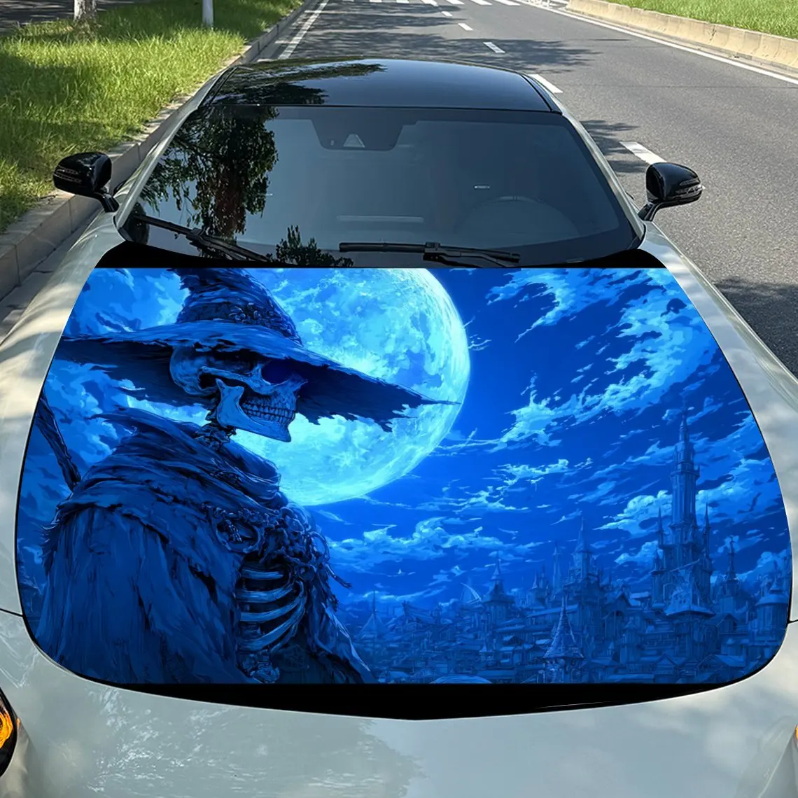 

Blue Moon Skeleton Wizard Car Vinyl Wrap, PVC Material Waterproof Car Hood Sticker, Self-Adhesive Scratch-Resistant Stickers for