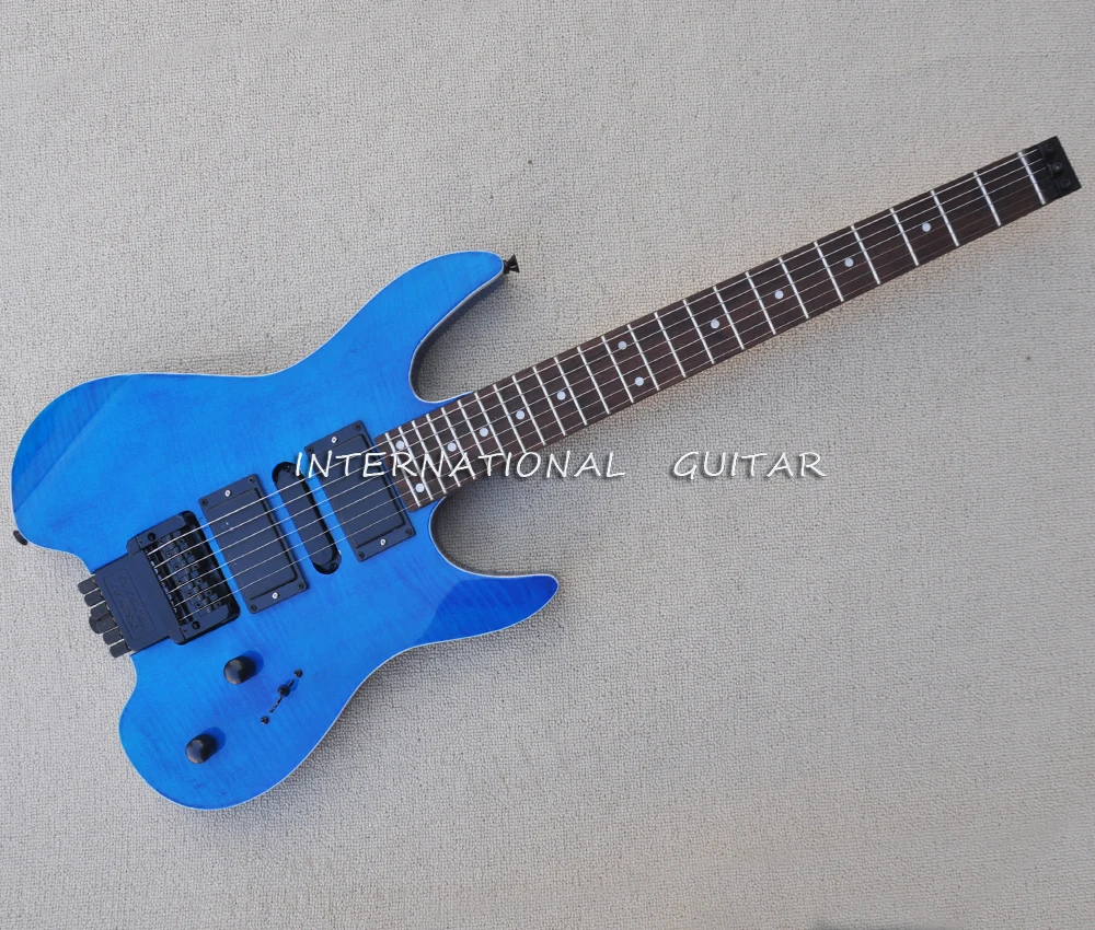 

6 Strings Blue Headless Electric Guitar with Flame Maple Veneer,24 Frets,Rosewood Fretboard