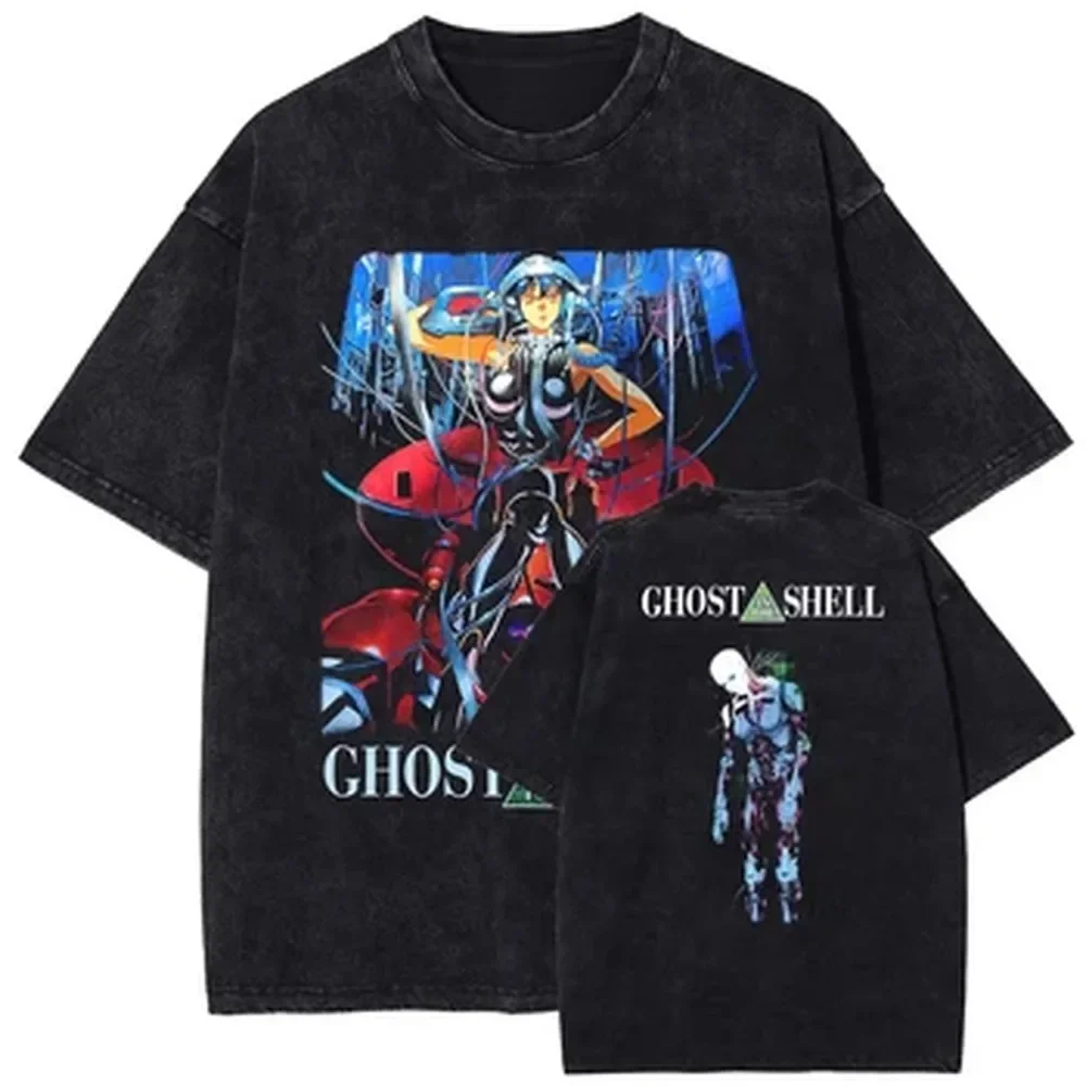 Japanese Anime Ghost in the Shell Print T-shirt Pure Cotton Short Sleeve Tee Men Women Clothing Vintage Washed Oversized T Shirt