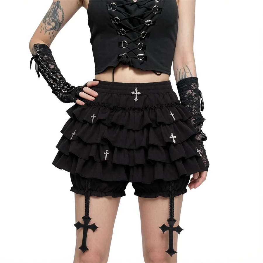 Goth Black Cross Pendant Mini Skirts Shorts Y2K Sexy Aesthetic Layered Lolita Short Skirts Women Summer Streetwear