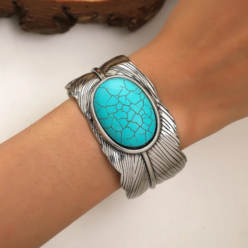 2024 New Vintage Ethnic Style Inlaid Turquoise Bangles For Women Man Bracelet Jewelry Elegant Wide Carving Vintage Bohemian