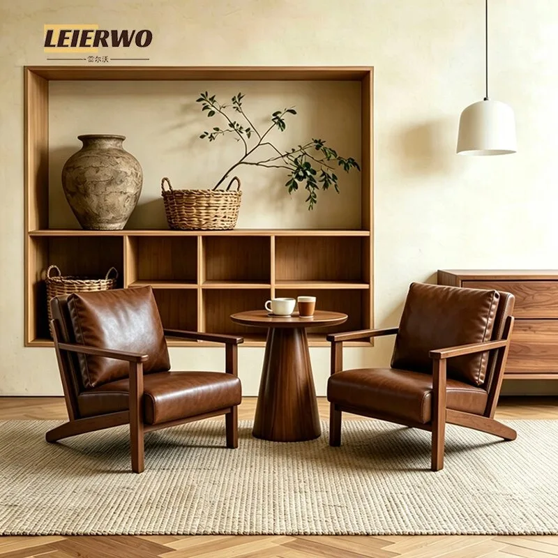 Retro single sofa chair living room balcony cafe leisure B & B hotel reception negotiation solid wood table and chair combinatio