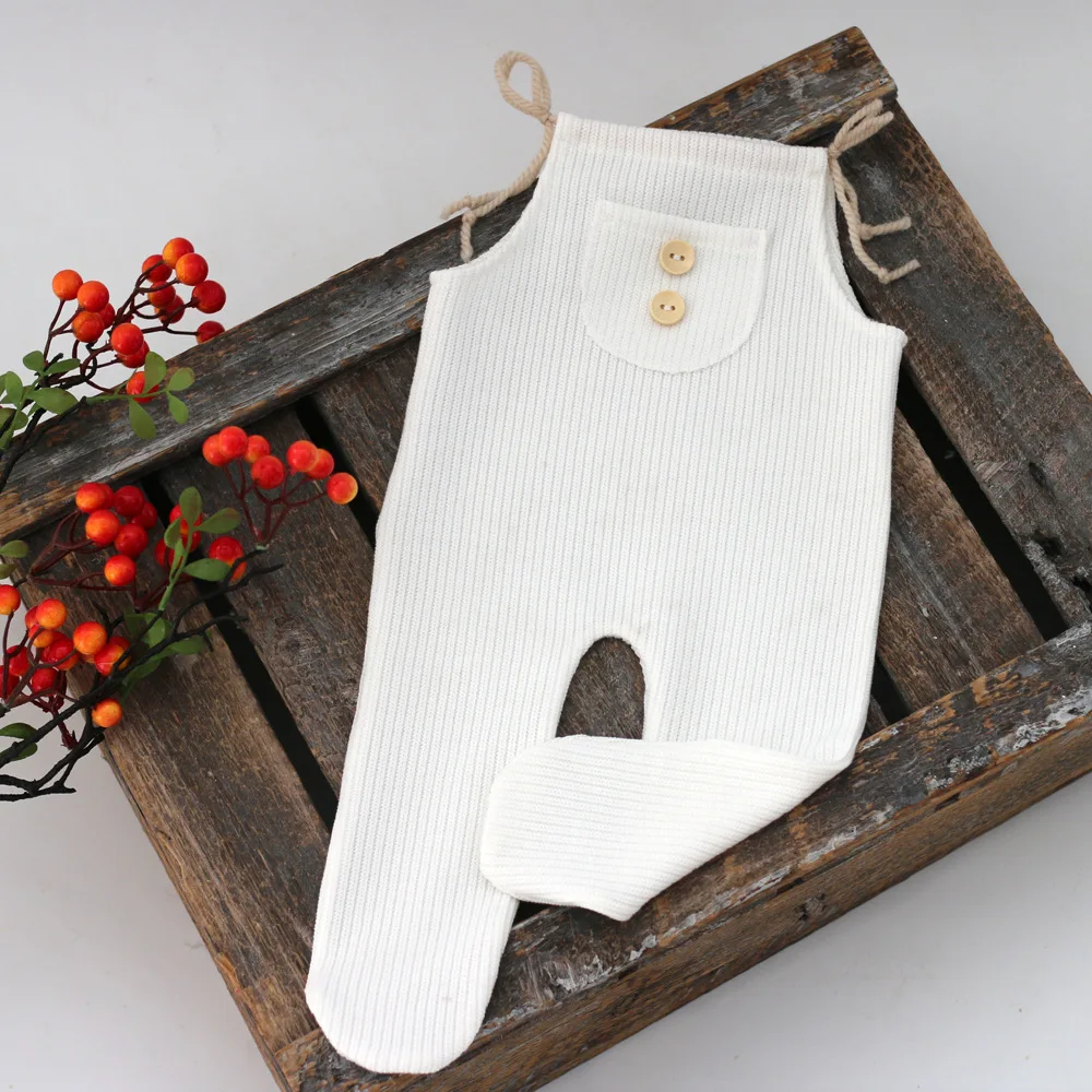 Button Newborn Overalls Baby Photography Props Backless Newborn Romper with Pocket Baby Boy Photo Outfit Knit Infant Dungarees