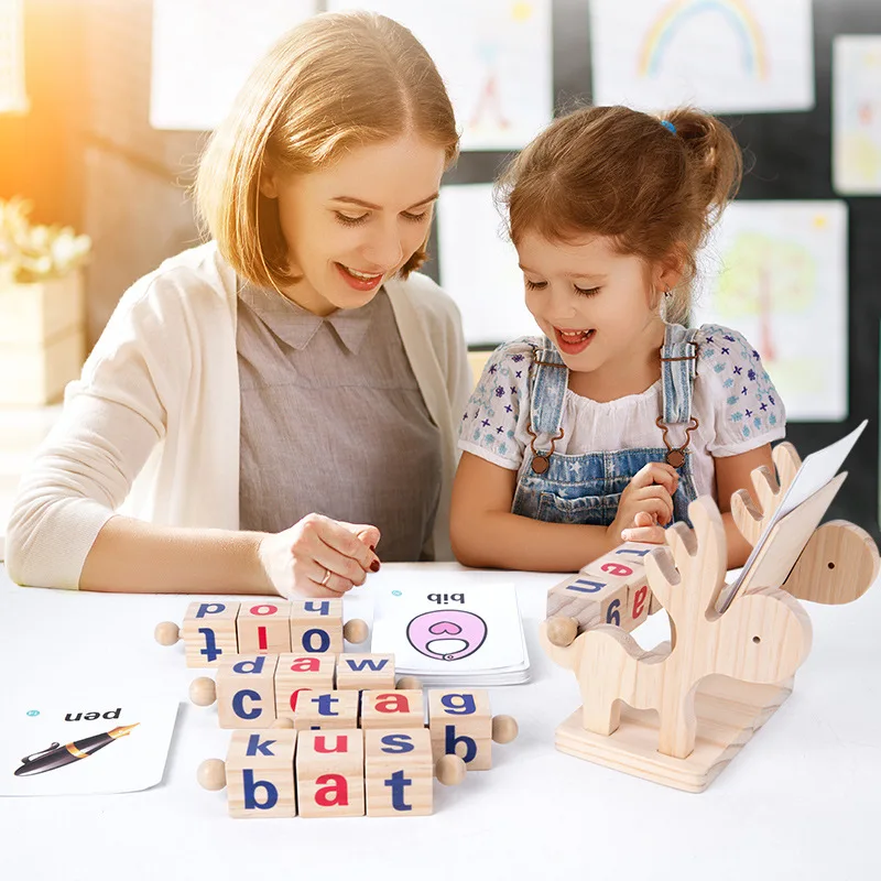 

Factory Montessori Word Cognitive Pairing Game Alphabet Learning Flash Cards Turning Rotating Toy Wooden Reading Blocks