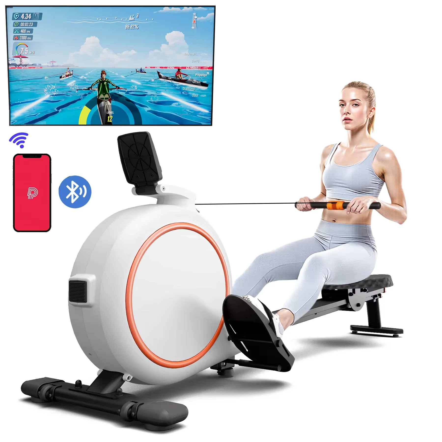 Image of Rudergerät für zu Hause, 32 Stufen, einstellbarer Widerstand, 300 Pfund, Trainer, Rudergerät, LED-Monitor, Tablet-Halter, Bluetooth-Fitnessgerät