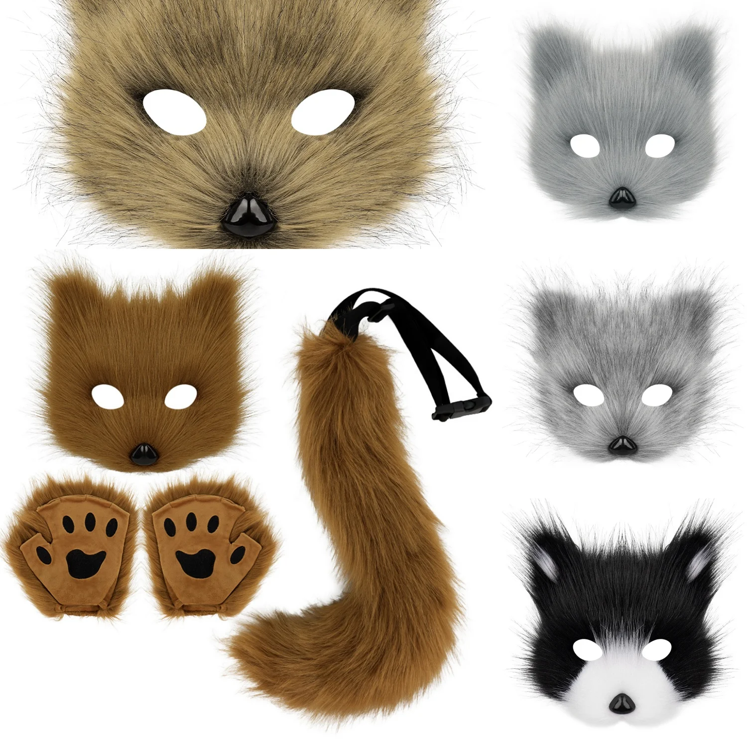 Therian Mask+Tail +Gloves Set Halloween Cosplays Costume Accessorie Fox Mask Tail Half Face Faux Furs Foxes Tail Cats Mask