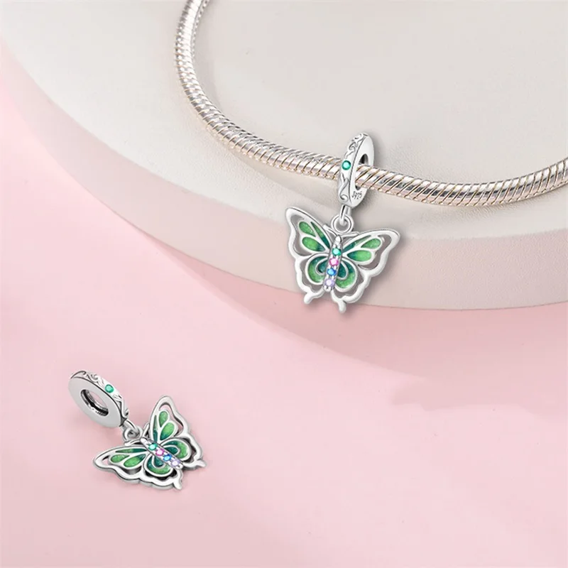 

Оригинальный кулон-шарм из стерлингового серебра 925 пробы с зеленым цирконом в форме бабочки, подходит для оригинального браслета, DIY, изысканные ювелирные украшения для женщин, подарки на свидание