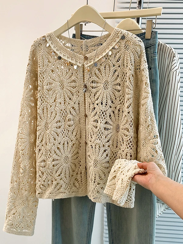 Authentic Knitted Hollow out Hook Flower Design Cardigan Outerwear Top Early Autumn New Style Women's Loose Fit Long Sleeve
