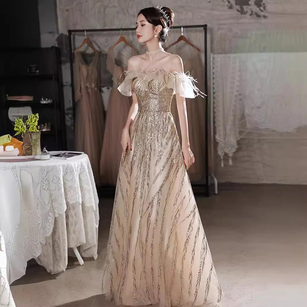 

women's champagne evening dress light luxury off shoulder Leather Collar Backless Shinning Sequins Prom Gown Slim A-Line Vestido