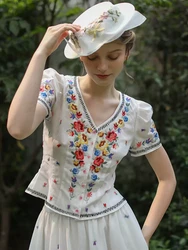 86-96cm Bust Spring Summer 2024 Women Elegant Loose Mori Kei Girl Floral Embroidered Cotton Linen Top and Skirt Sets