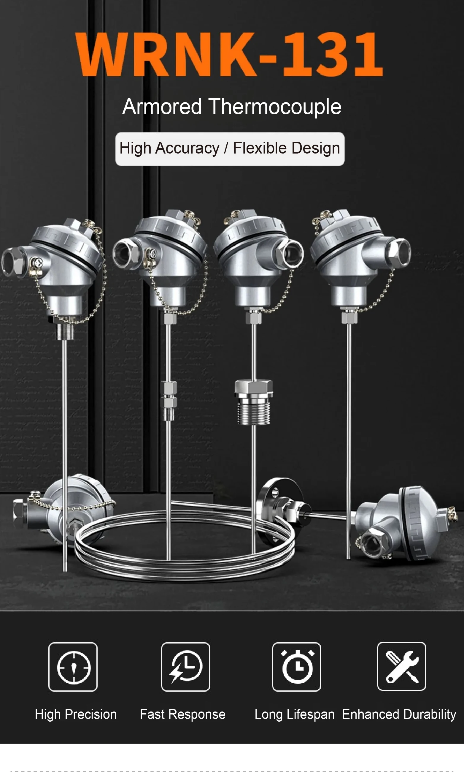 WRNK-131 K Type Armored Thermocouple Spring Loaded Probe M12*1.5 Flexible 0-800°C Industrial