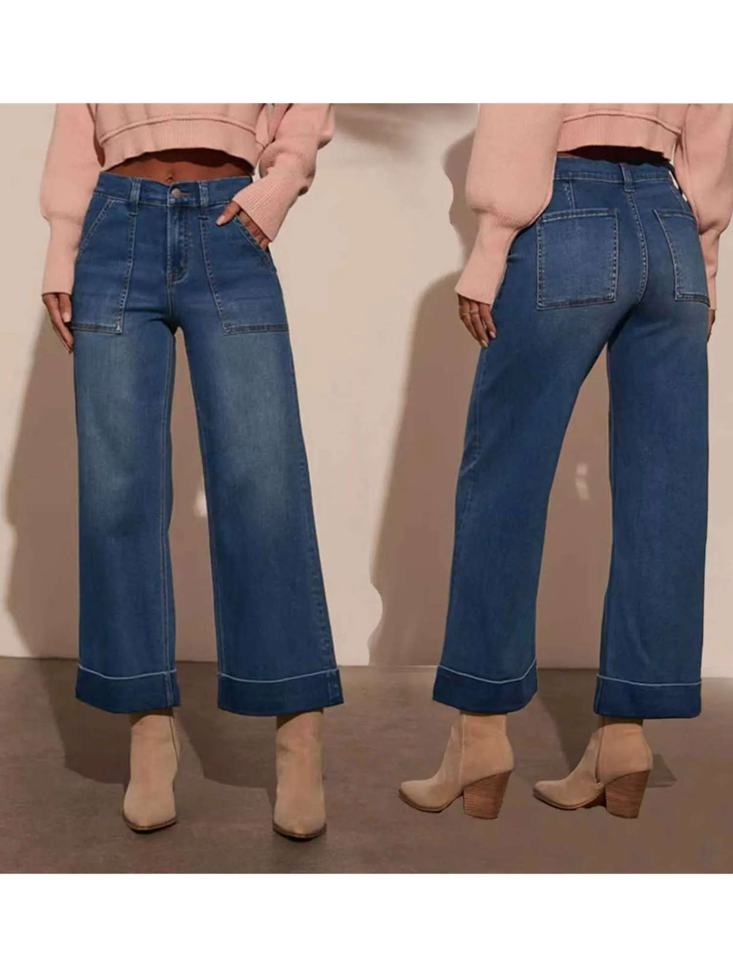 

Женские широкие джинсы с высокой талией, подол с манжетами и функциональными карманами — стильные повседневные брюки свободного покроя на каждый день