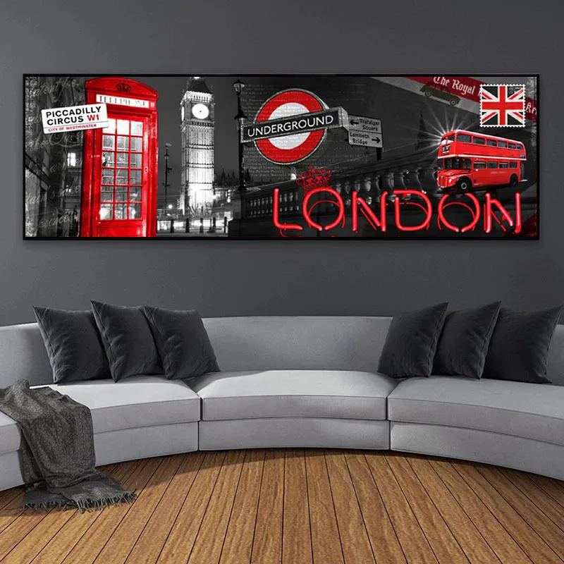 Modern London City View Red Phone Booth Canvas Painting Print and Poster for Living Room Wall Picture Landscape Home Decoration