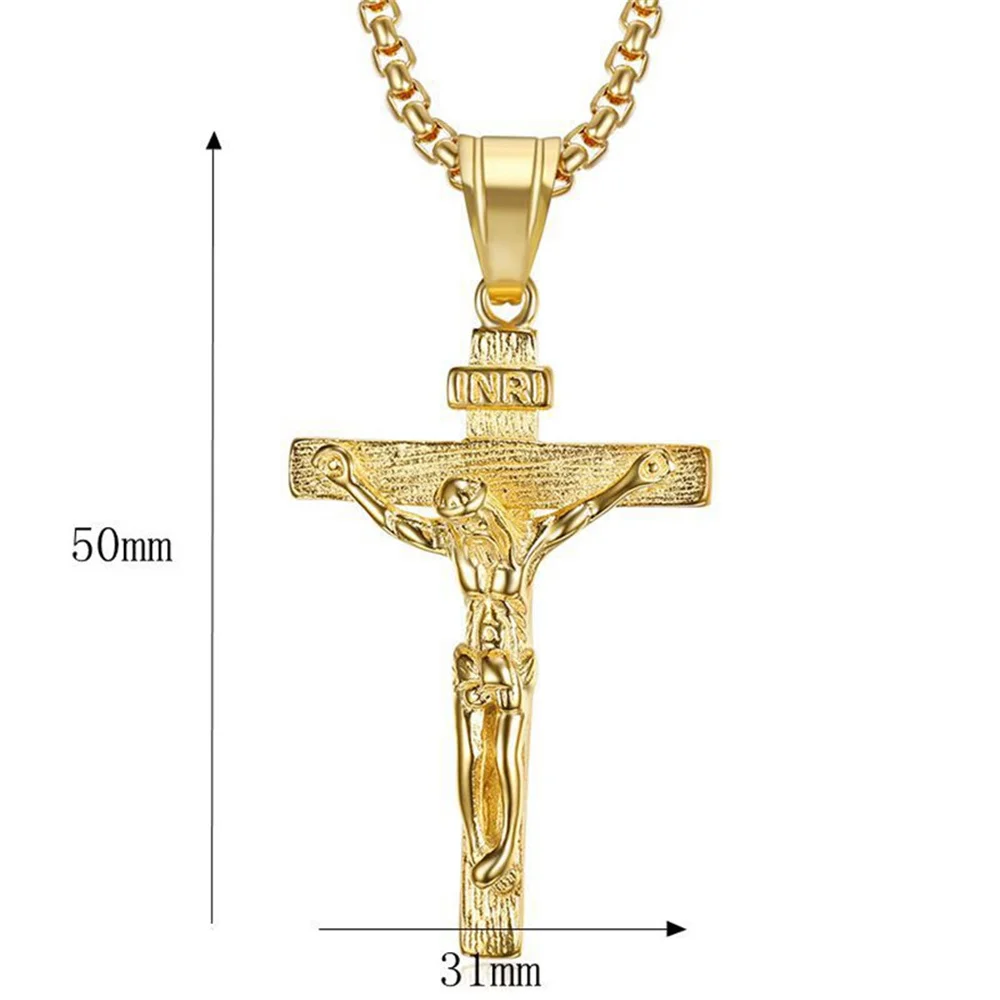 Religious Jesus Christ Cross Pendant Necklace for Women/Men Gold Color Stainless Steel Crucifix Necklaces Male Christian Jewelry