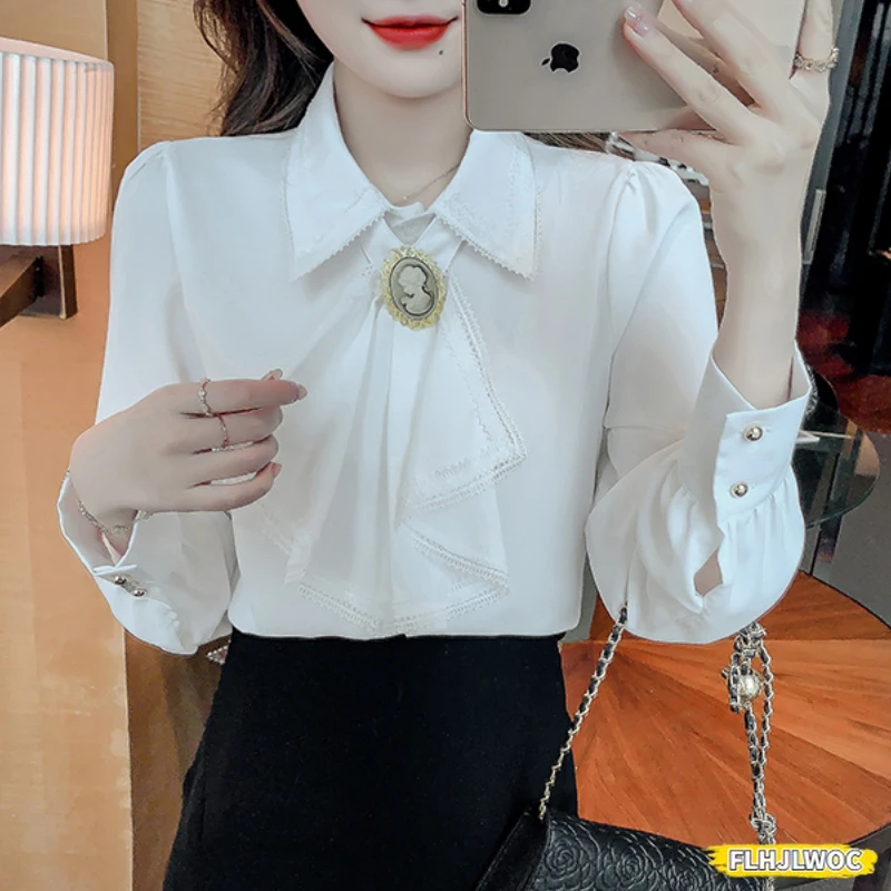 Bow Tie Tops Blouses New 2024 Women Long Sleeve Elegant Office Lady Work Solid White Shirts Ruffled Chic Tops Blusas