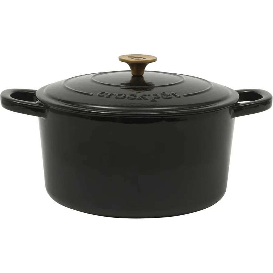 

7Quart Round Cast Iron Dutch Oven with Lid for Slow Cooking and Stewing on Gas Stove or Oven Black Finish with Gold Knob Durabl