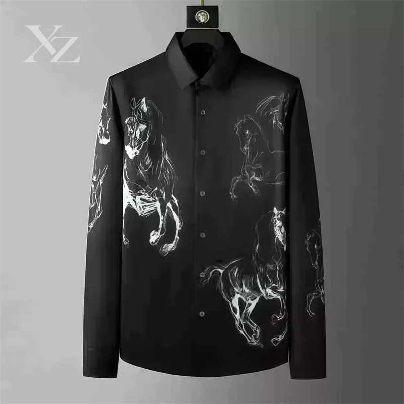 Men's Long Sleeve Shirt 2026 Spring/Autumn 3D Ink Painting Galloping Horse Print Outdoor Casual Fashion Design