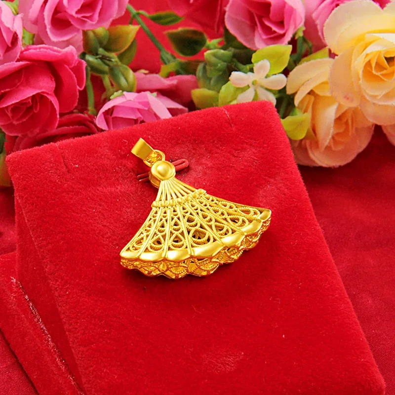 Brass Gold-plated Ancient Fan-shaped Pendant Electroplated Imitation Gold Jewelry Women's Pendant Necklace Gift